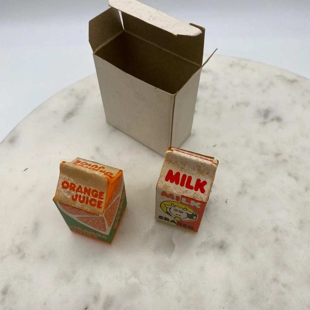 Vintage Orange Juice Carton PENCIL SHARPENER & MILK ERASER 1985 Taiwan Novelty